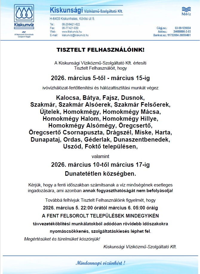 Kiskunvíz fertőtlenítés I.né. hirdetmény